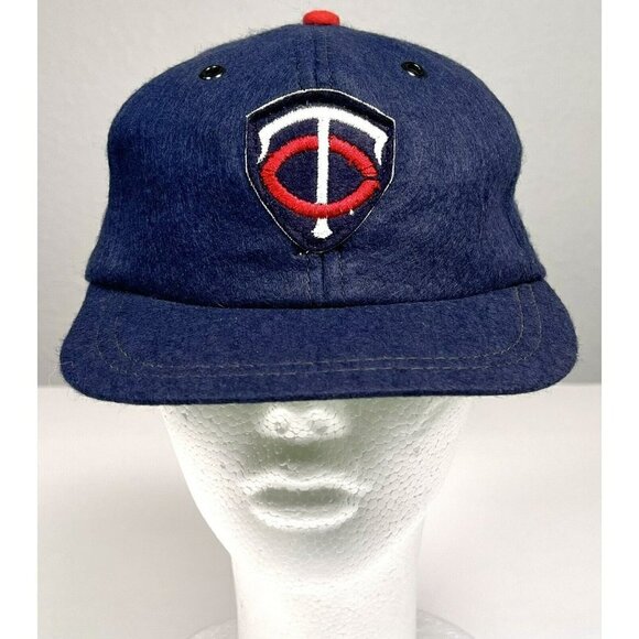 VTG 1950s MLB SMALL Navy Wool Blend Felt Minnesota Twins BASEBALL CAP USA Flaws - Picture 1 of 12